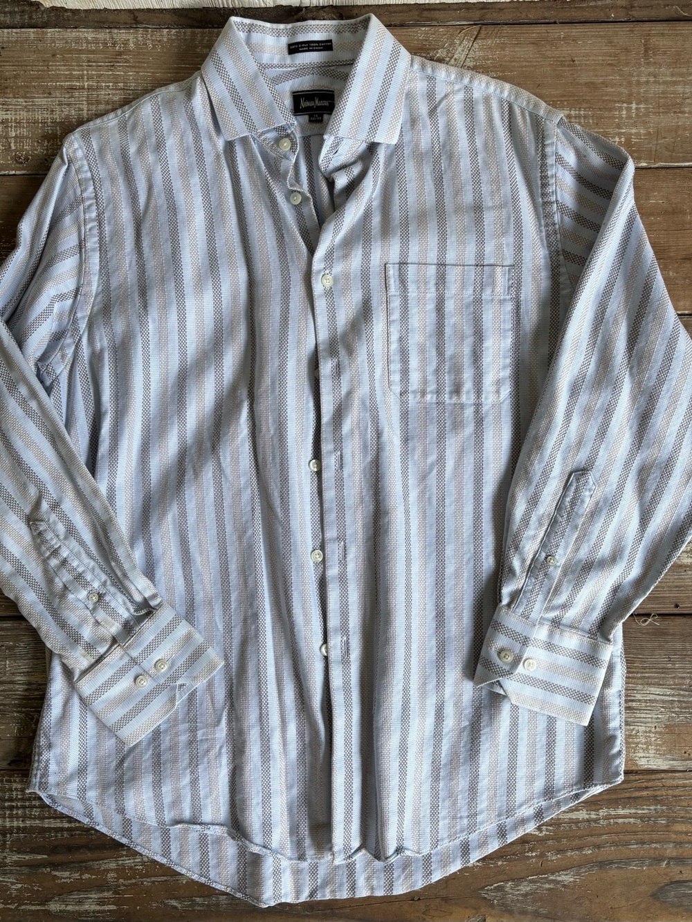 Neiman Marcus Light Blue and Brown Striped Dress Shirt
